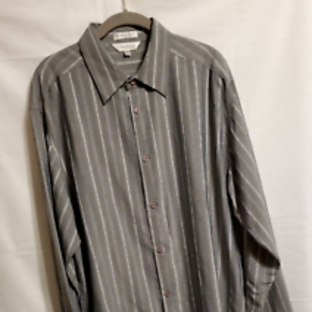 Cassel Mens Dress Shirt-XL-Gray Stripe-Rayon, Polyester, Pre-owned (MS12)